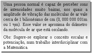 Caixa de texto: Uma pessoa normal é capaz de perceber sons de intensidades muito baixas, nos quais a amplitude de vibração das moléculas de ar vale cerca de 1 bilionésimo de cm (0, 000 000 001m ou 1 ηm). Esse valor se aproxima do diâmetro da molécula de ar que está oscilando.  Obs: Sugere-se explorar o conceito escalas e potenciação, num trabalho interdisciplinar com a Matemática.